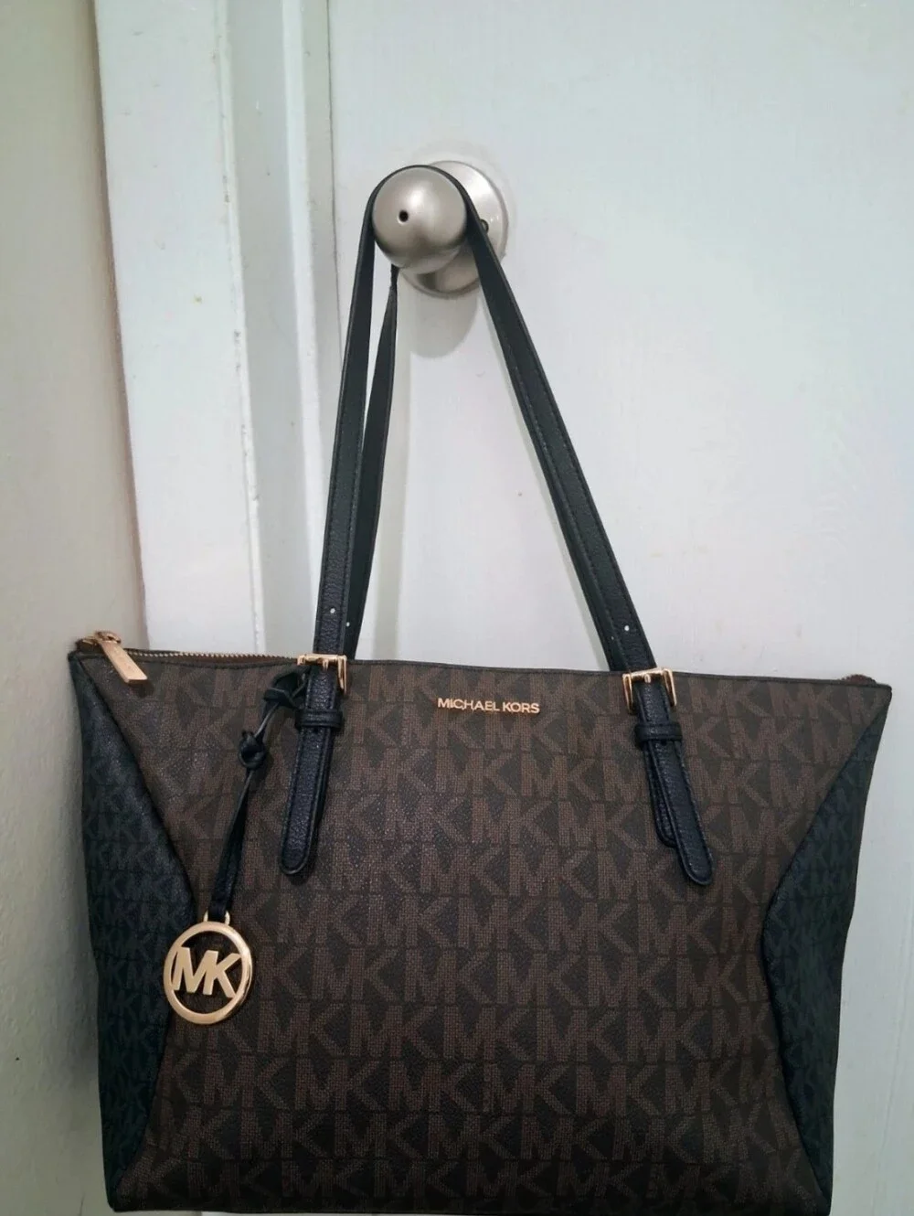 Michael Kors Coraline Logo Saffiano Leather Black & Brown Tote Bag
